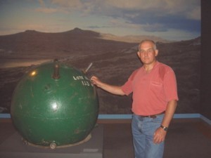 Martyn Holloway with recovered Argentinean mine at the Imperial War Museum 