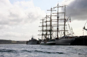 HMS Cattistock in Falmouth facing "Alexander von Humboldt" and "Cuauhtemoc" two of the Tall Ships she escorted