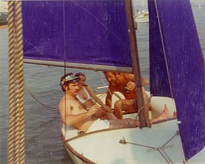 George Buntrock and Doug Barlow with Brenda in a Bosun dinghy in 1976
