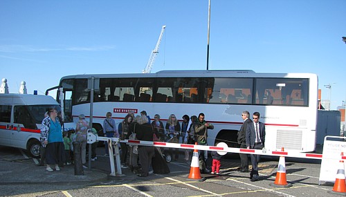 Waiting at Trafalgar Gate to board the shuttle bus