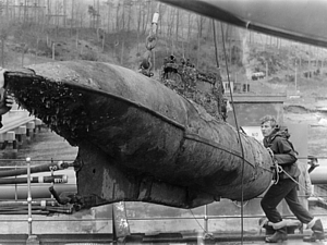 Welman midget submarine recovered by HMS Reclaim in Rothesay Bay, January 1973