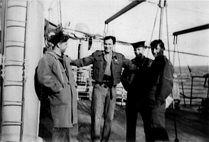 David Shane centre with fellow RN divers Haifa 1947
